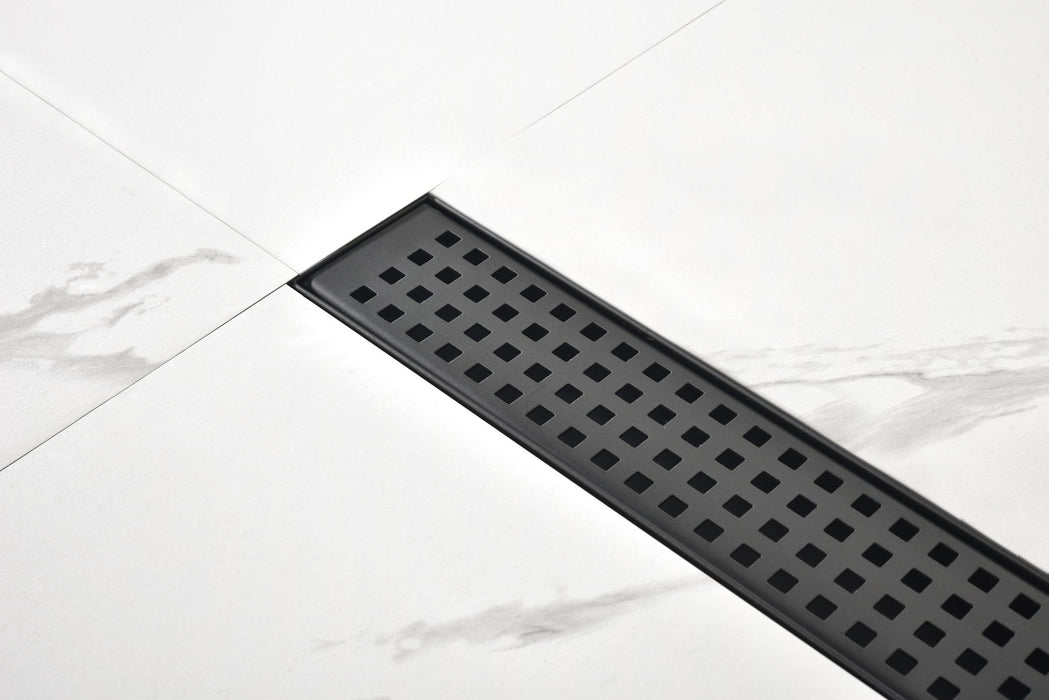 Linear Shower Drain With Removable Quadrato Pattern Grate, Stainless Shower Drain With Hair Strainer And Leveling Feet