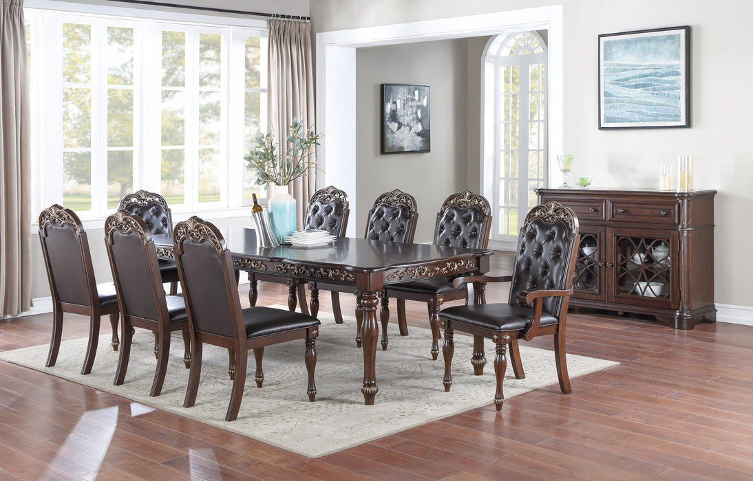 Traditional Brown Finish 9 Pieces Dining Set Table With 2X Arm Chairs 6X Side Chairs Rubber Wood Intricate Design Tufted Back Cushion Seat Dining Room Furniture
