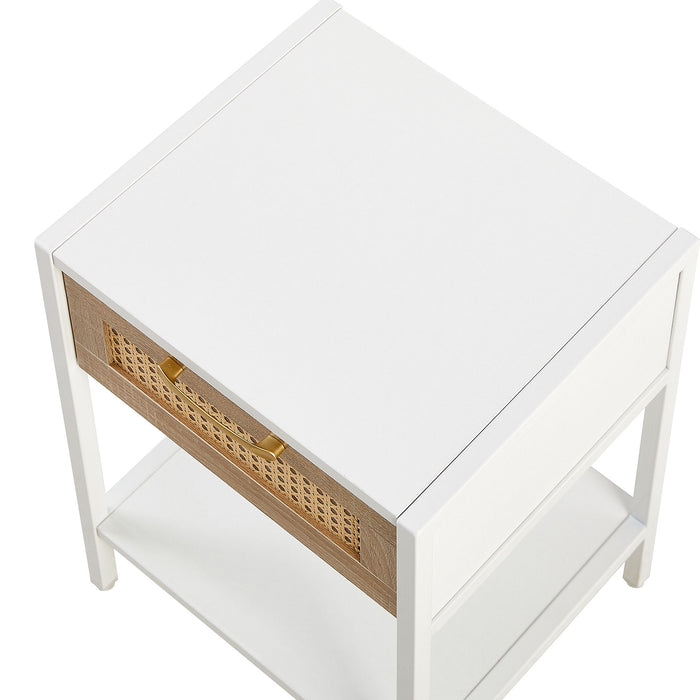 Rattan End Table With Drawer, Modern Nightstand, Metal Legs, Side Table For Living Room, Bedroom, White