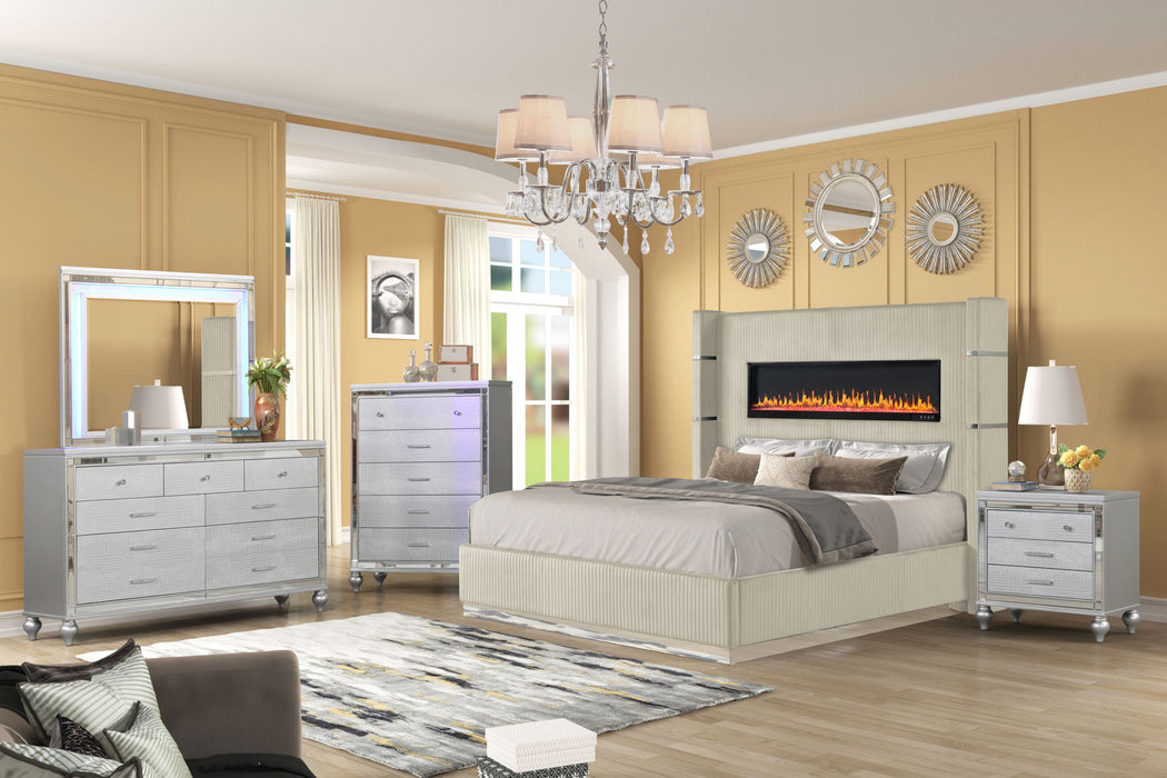 Lizelle Upholstery Wooden King 5 Pieces Bedroom Set With Ambient Lighting In Beige Velvet Finish