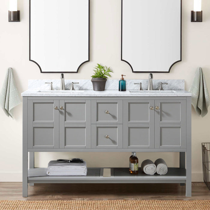 60 In Bathroom Vanity Base Cabinet Only, Double Sink Configuration, With Soft Closing Doors And Full Extension Dovetail Drawers Freestanding Bathroom Storage In Gray