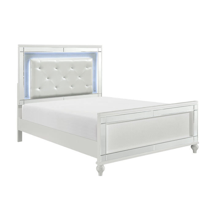 Metallic White Finish Queen Bed Led Headboard Button - Tufted Modern Glam Bedroom Furniture