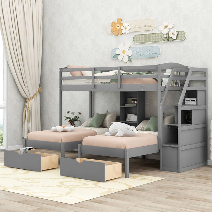 Twin Over Twin & Twin Bunk Bed, Triple Bunk Bed With Drawers, Staircase With Storage, Built-In Shelves, Gray