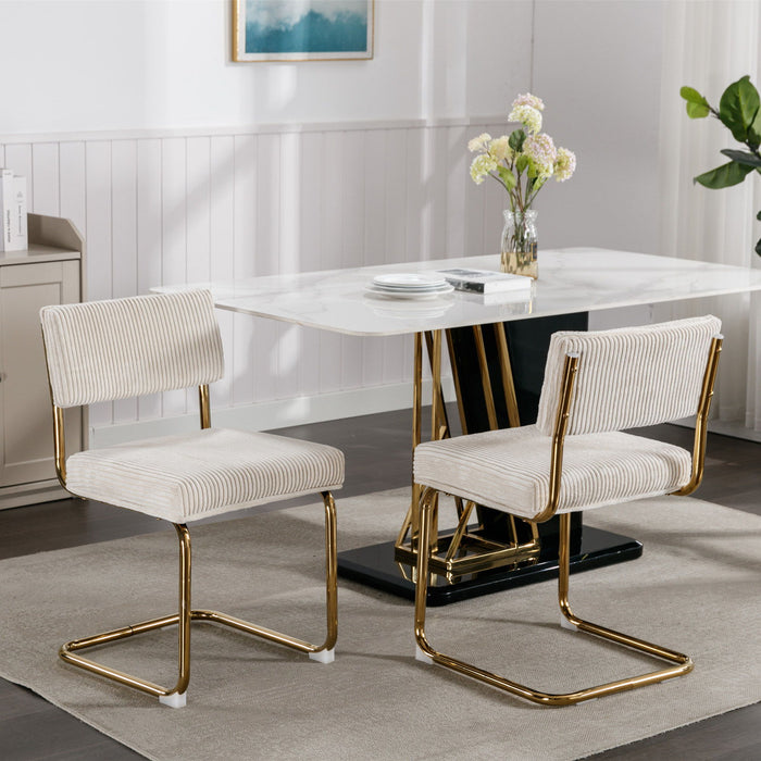A&A Furniture, Modern Dining Chairs With Corduroy Fabric, Gold Metal Base, Accent Armless Kitchen Chairs With Channel Tufting, Side Chairs (Set of 2) Beige