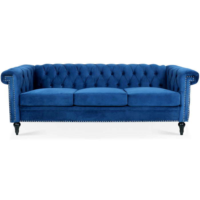 83.66" Width Traditional Square Arm Removable Cushion 3 Seater Sofa - Blue