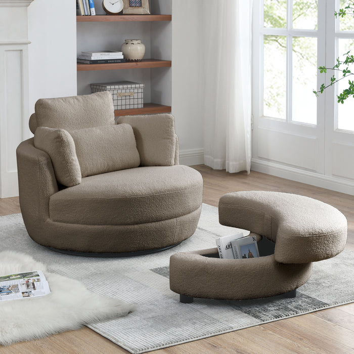 Oversized Swivel Chair With Moon Storage Ottoman For Living Room, Modern Accent Round Loveseat Circle Swivel Barrel Chairs For Bedroom Cuddle Sofa Chair Lounger Armchair, 4 Pillows, Teddy Fabric