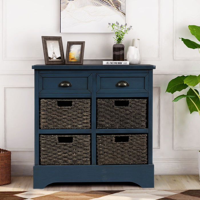 Trexm Rustic Storage Cabinet With Two Drawers And Four Classic Rattan Basket For Dining Room/Entryway/Living Room (Antique Navy)