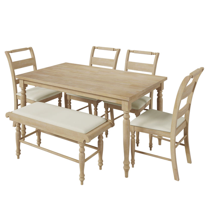 Topmax 6 - Peice Dining Set With Turned Legs, Kitchen Table Set With Upholstered Dining Chairs And Bench, Retro Style, Natural