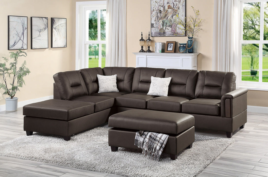 Contemporary 3 Pieces Reversible Sectional Set Living Room Furniture Espresso Color Faux Leather Couch Sofa, Reversible Chaise Ottoman