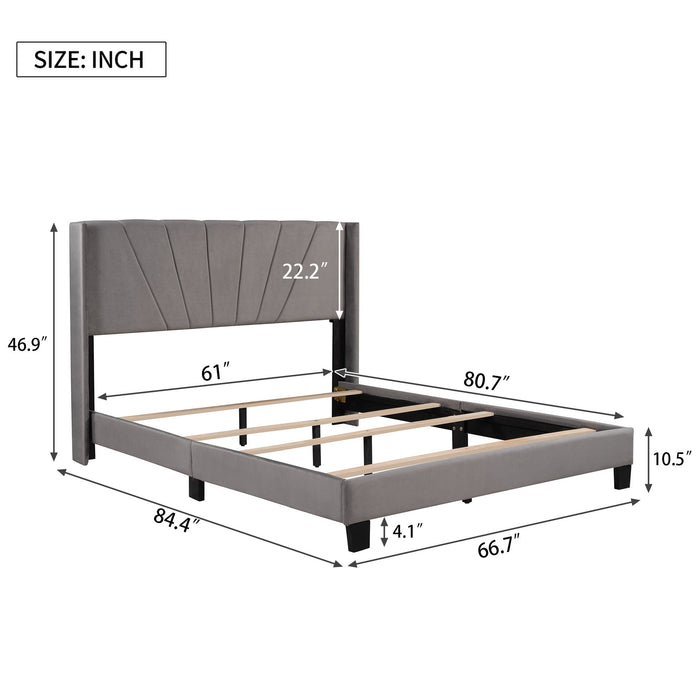 Queen Size Velvet Upholstered Platform Bed, Box Spring Needed Gray
