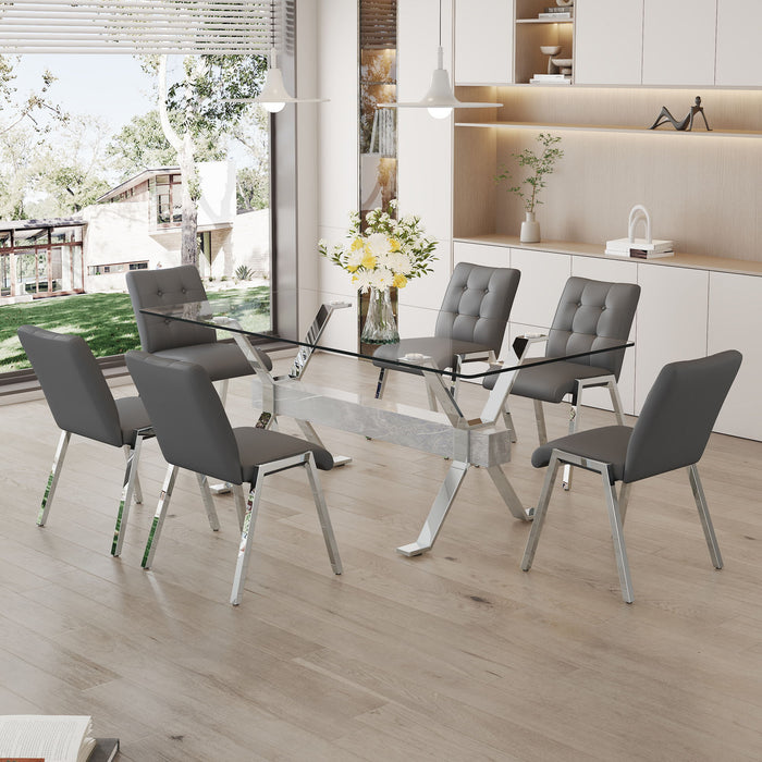 Table And Chair Set, 1 Table And 6 Grey Chairs, Tempered Glass Desktop, Equipped With Silver Plated Metal Legs And MDF Crossbars, Paired With Armless Soft Backrest Dining Chairs