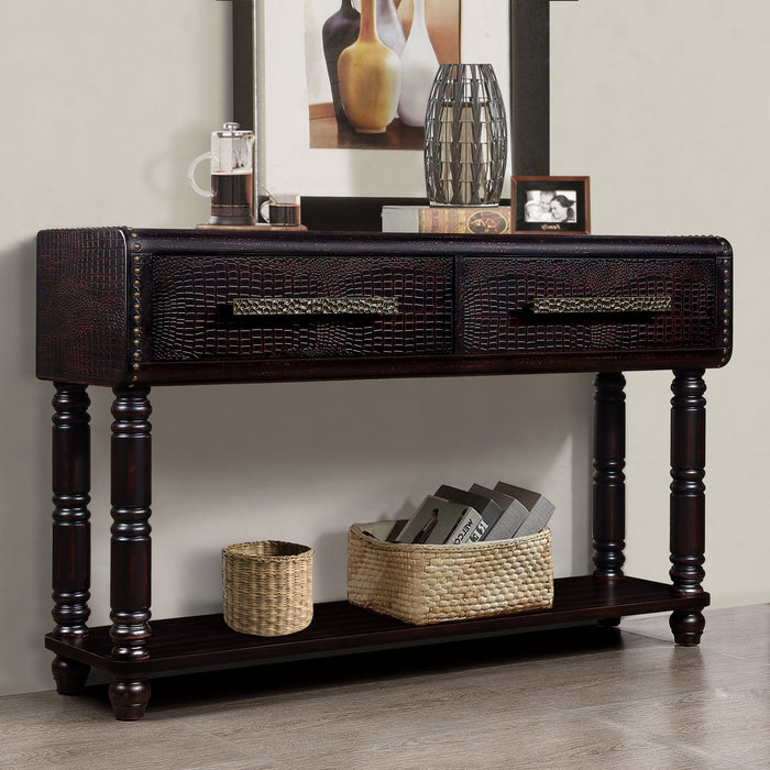 Imitation Crocodile Skin Apperance Sofa Table, 54 Inch Pine Wood Console Table With 2 Power Outlets And 2 Usb Ports For Entryway/Hallway/ Living Room With Solid Wood Legs Distressed Black