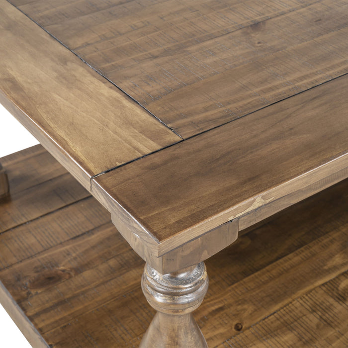 U_Style Rustic Floor Shelf Coffee Table With Storage, Solid Pine Wood - Walnut