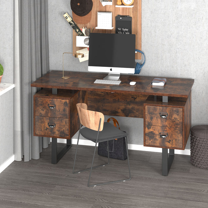 Home Office Computer Desk With 4 Drawers - Rustic Brown