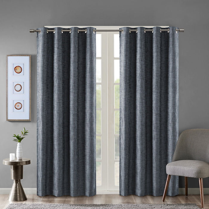 Printed Heathered Blackout Grommet Top Curtain Panel In Navy