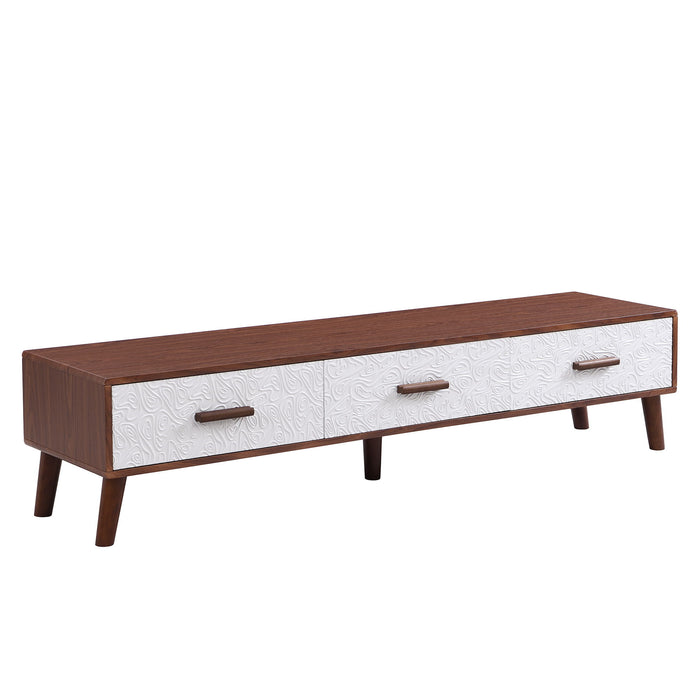 U-Can Modern TV Stand With 3 Drawers Adorned With Embossed Patterns For 65 /" TV, Rectangle Entertainment Center With Ample Storage Space For Living Room, Brown / White