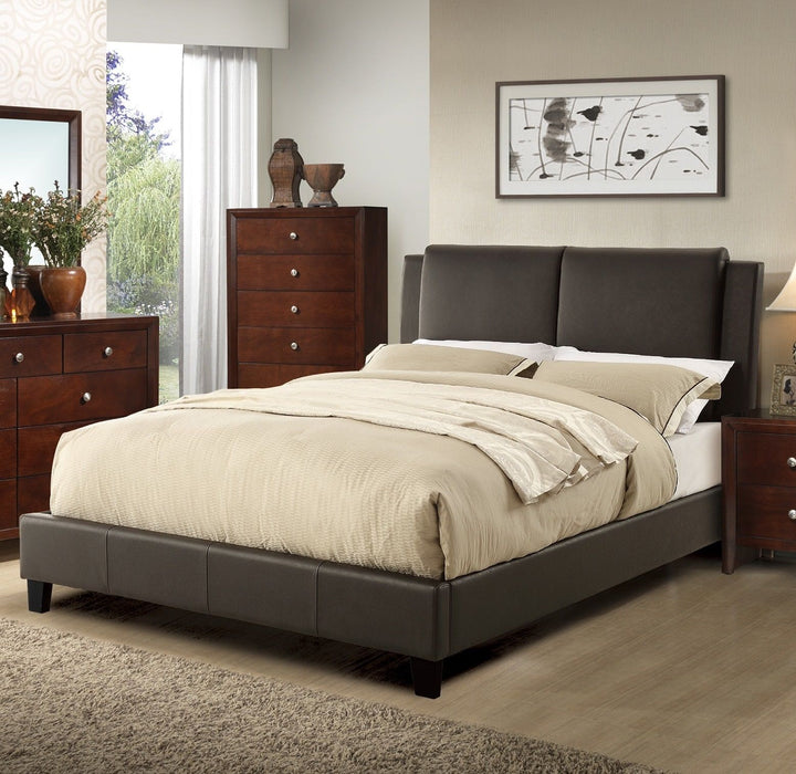 Queen Size Bed 1 Piece Bed Set Brown Faux Leather Upholstered Two Panel Bed Frame Headboard Bedroom Furniture
