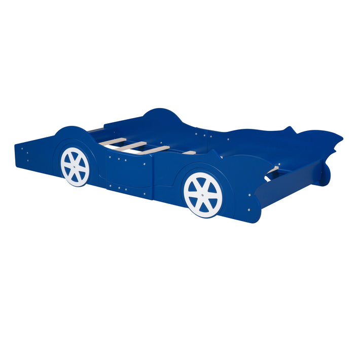 Twin Size Race Car-Shaped Platform Bed With Wheels, Blue