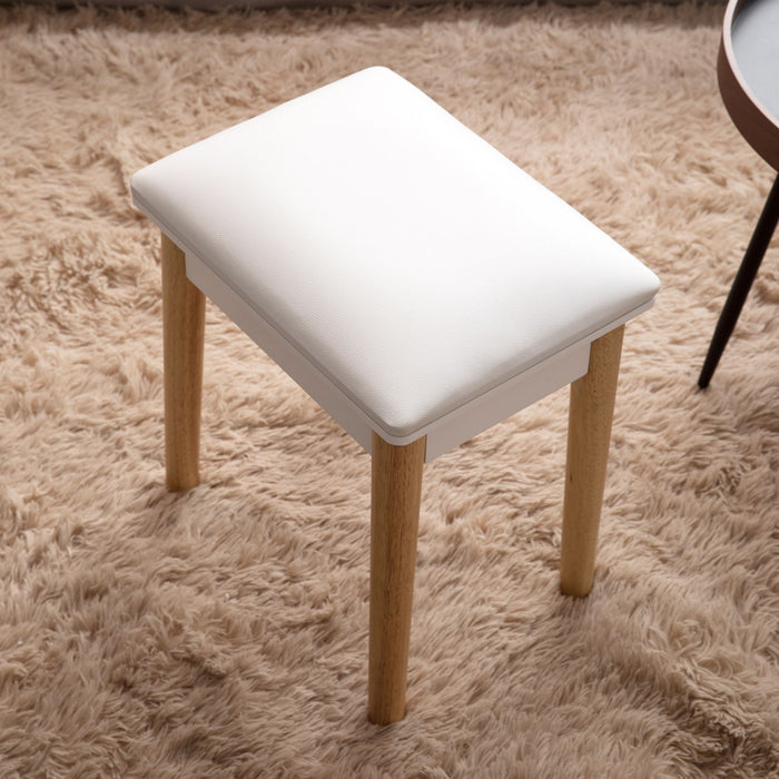 Wooden Vanity Stool Makeup Dressing Stool With PU Seat, White