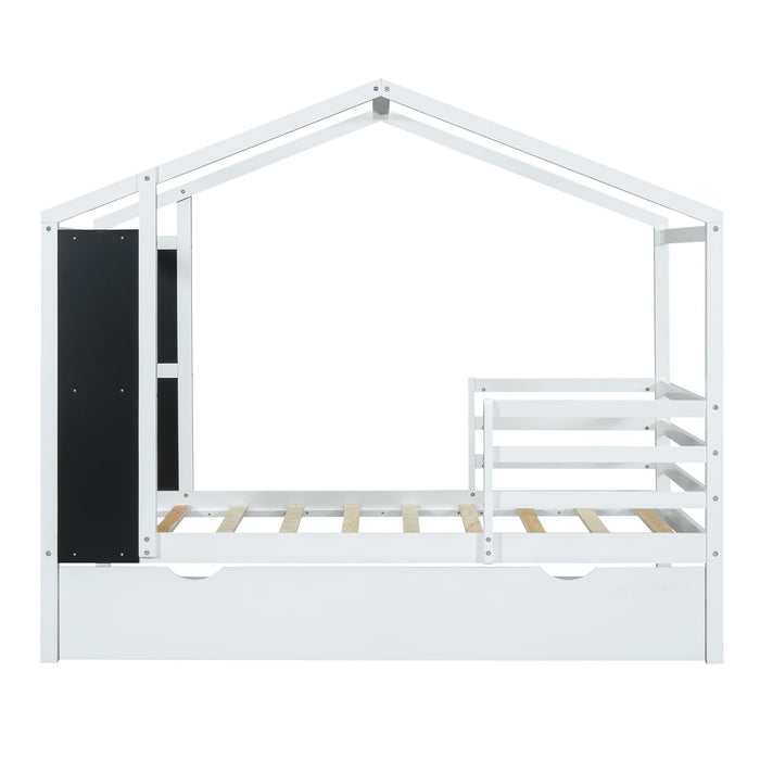Twin Size Wood House Bed With Fence And Writing Board, White