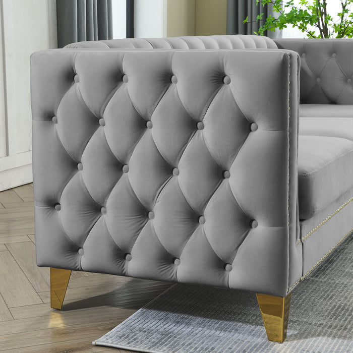 Velvet Sofa For Living Room, Buttons Tufted Square Arm Couch, Modern Couch Upholstered Button And Metal Legs, Sofa Couch For Bedroom, Grey Velvet
