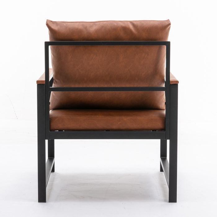 Modern Faux Leather Accent Chair With Black Powder Coated Metal Frame, Single Sofa For Bedroom, Orange