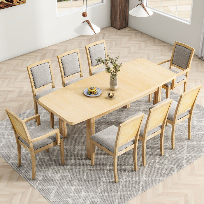 Topmax Rustic Extendable 84Inch Dining Table Set With Removable Leaf, 6 Upholstered Armless Dining Chairs And 2 Padded Arm Chairs, 9 Pieces, Natural