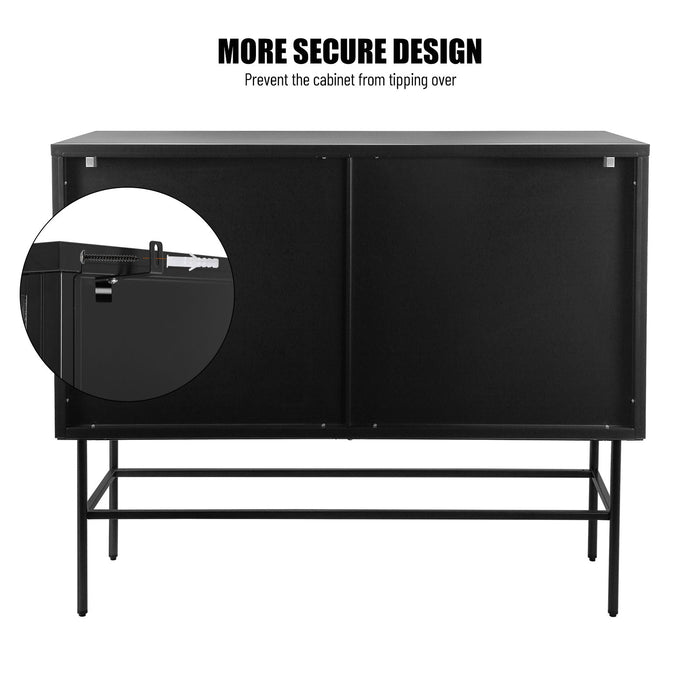 Double Tampered Glass Door Storage Cabinet With Adjustable Shelf And Feet Cold - Rolled Steel Tempered Glass Sideboard Furniture For Living Room Kitchen Black Color