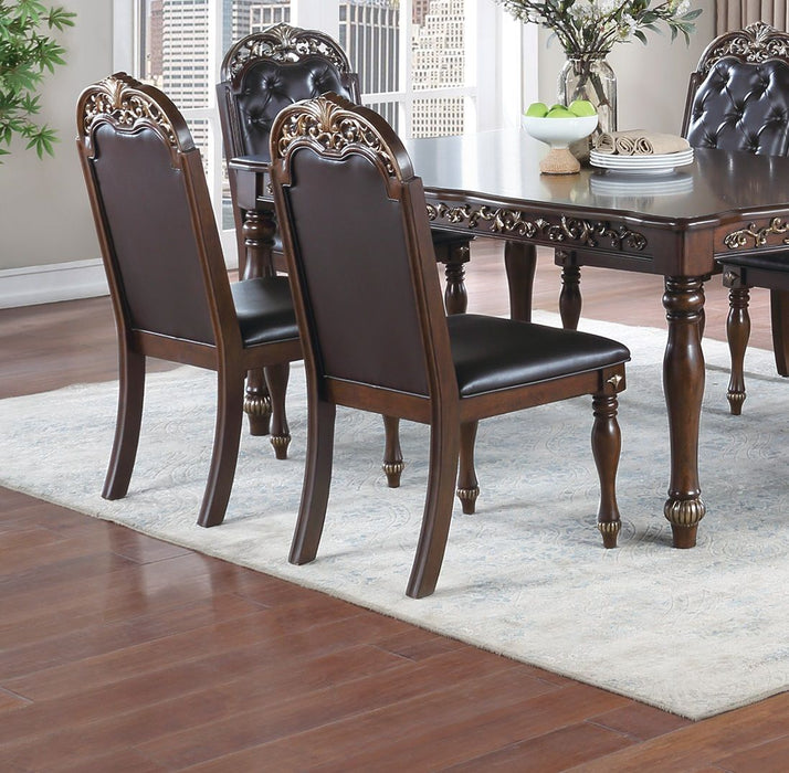 Traditional Formal Brown Finish 7 Pieces Dining Set Table With 6X Side Chairs Rubber Wood Intricate Design Tufted Back Cushion Seat Dining Room Furniture