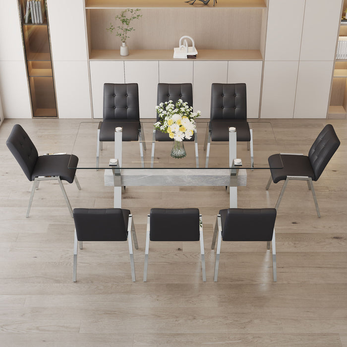 Table And Chair Set 1 Table And 8 Black Chairs Tempered Glass Desktop Equipped With Silver Plated Metal Legs And MDF Crossbars Paired With Armless Soft Backrest Dining Chairs