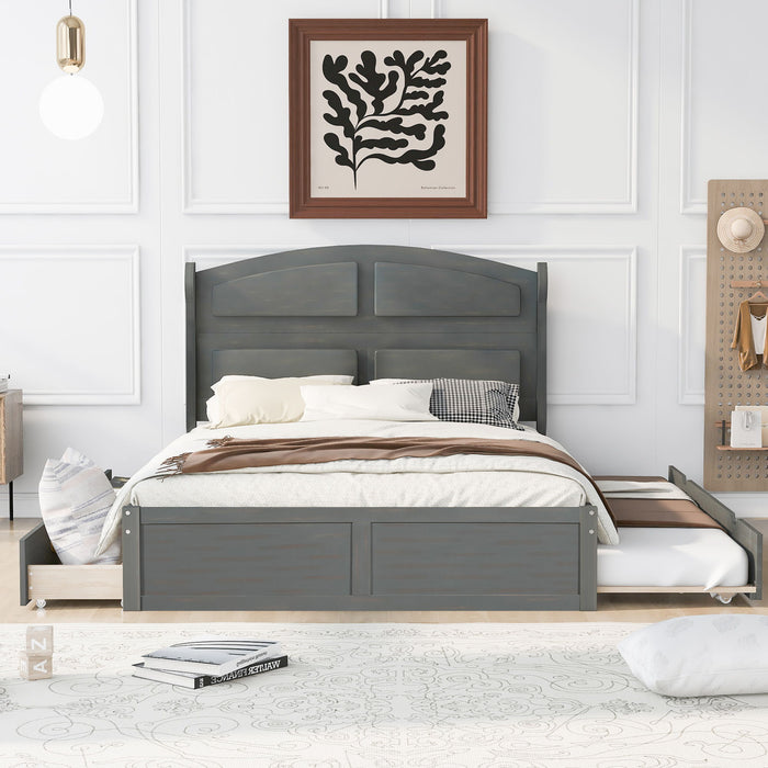 Wood Queen Size Platform Bed With Twin Size Trundle And 2 Drawers, Antique Gray