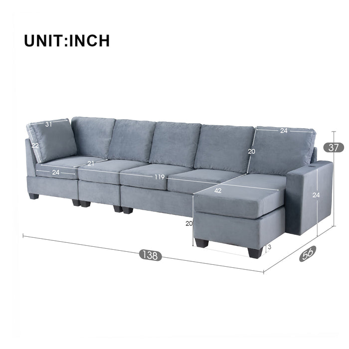Modern L-Shape Sectional Sofa, 6-Seat Velvet Fabric Couch With Convertible Chaise Lounge, Freely Combinable Indoor Furniture For Living Room, Apartment, Office, 3 Colors - Grey