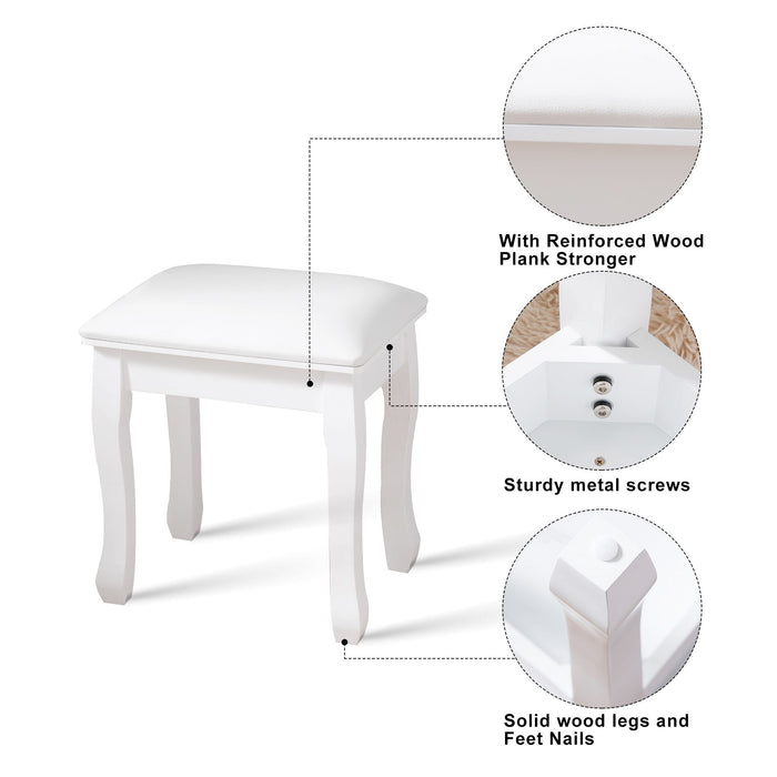 White Vanity Stool Padded Makeup Chair Bench With Solid Wood Legs - White