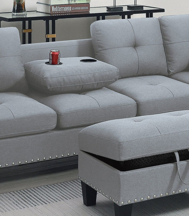 Living Room Furniture 3 Pieces Sectional Sofa Set LAF Sofa RAF Chaise And Storage Ottoman Cup Holder Taupe Grey Color Linen-Like Fabric Couch