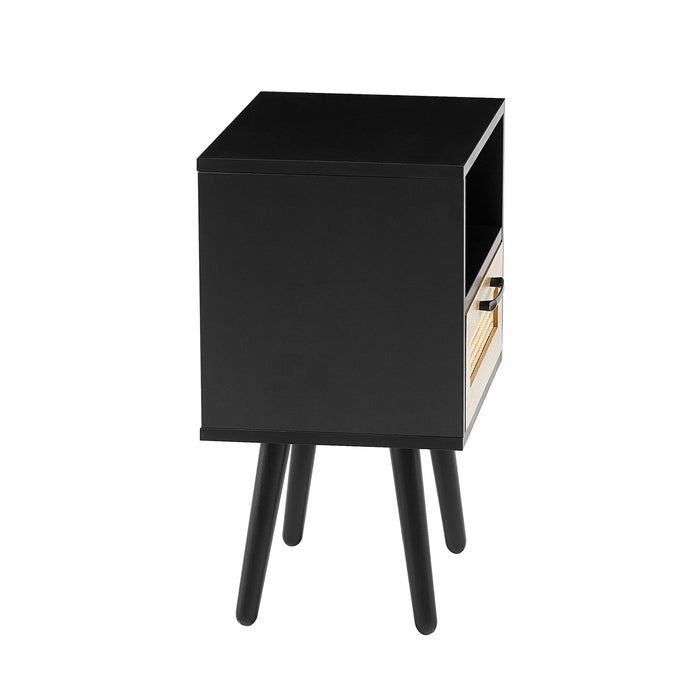 Rattan End Table With Drawer And Solid Wood Legs, Modern Nightstand, Side Table For Living Roon, Bedroom, Black