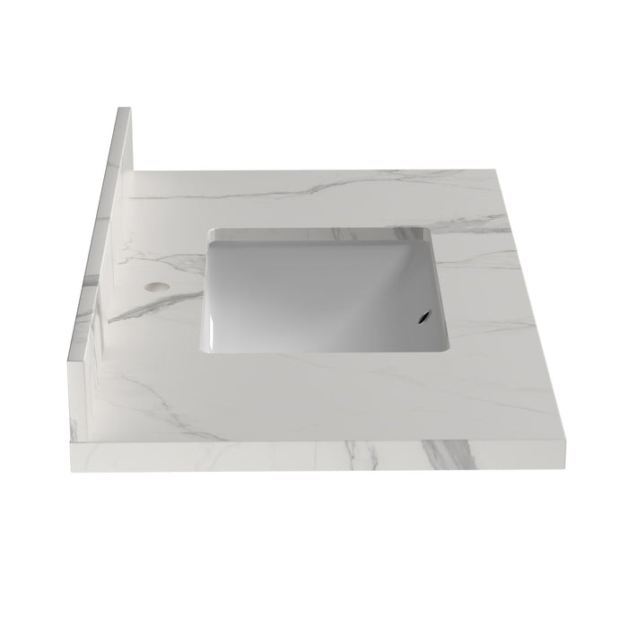Quartz Vanity Top With Undermounted Rectangular Ceramic Sink & Backsplash, Calacatta Engineered Stone Countertop For Bathroom Kitchen Cabinet 1 Faucet Hole (Not Include Cabinet)