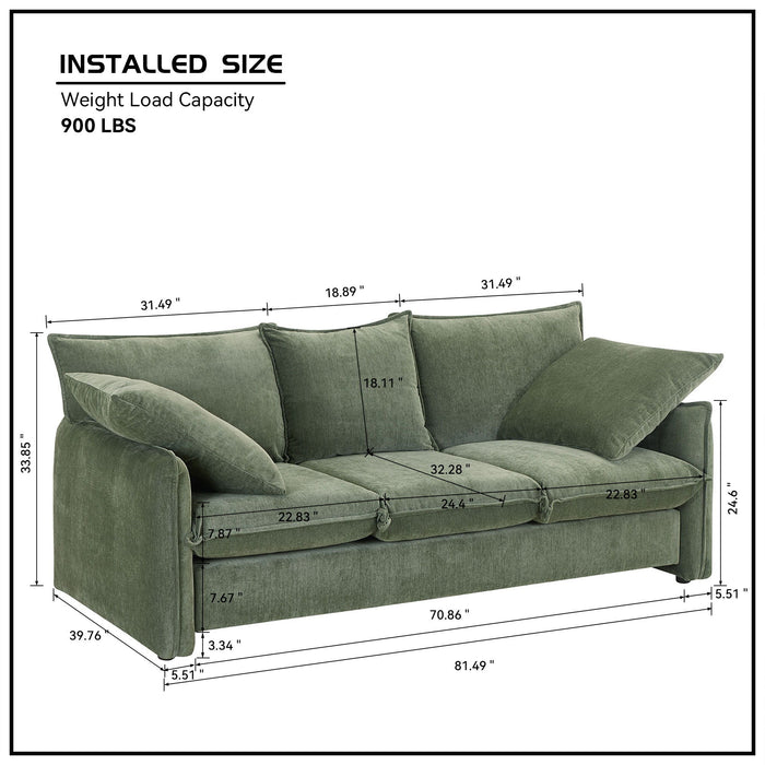 Mid-Century Sofa 3 Seater Cozy Couch For Living Room Apartment Lounge Bedroom - Green