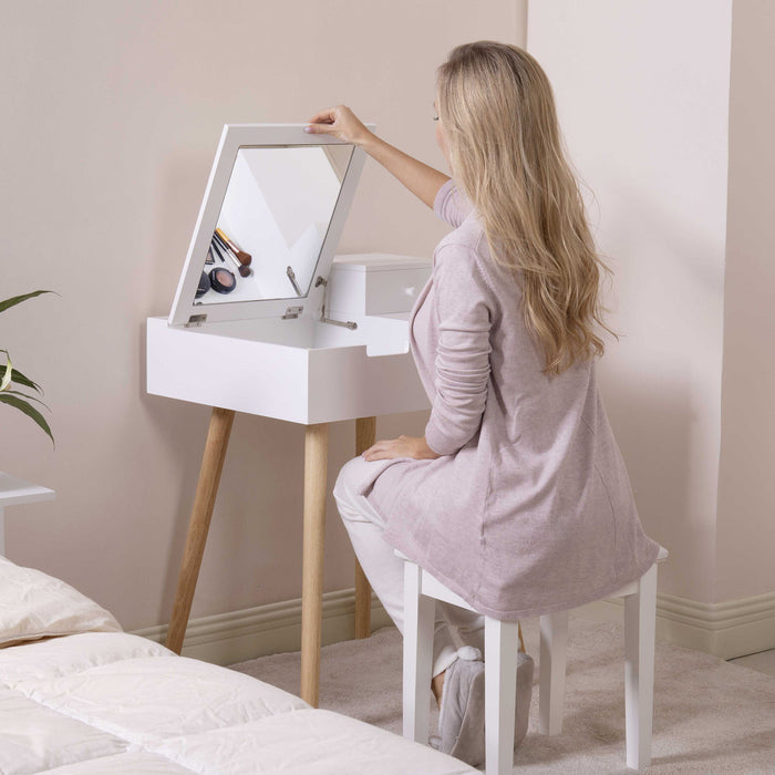 Wooden Vanity Desk Flip Top Dressing Mirror Writing Table Computer Desk, White