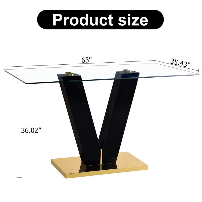 Large Modern Minimalist Rectangular Glass Dining Table For 6-8 With 0.39" Tempered Glass Tabletop And Mdf Slab V-Shaped Bracket, For Kitchen Dining Living Meeting Room Banquet Hall