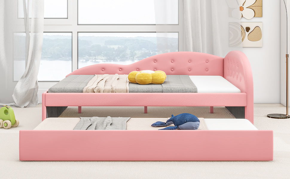 Full Size PU Upholstered Tufted Daybed With Trundle And Cloud Shaped Guardrail, Pink