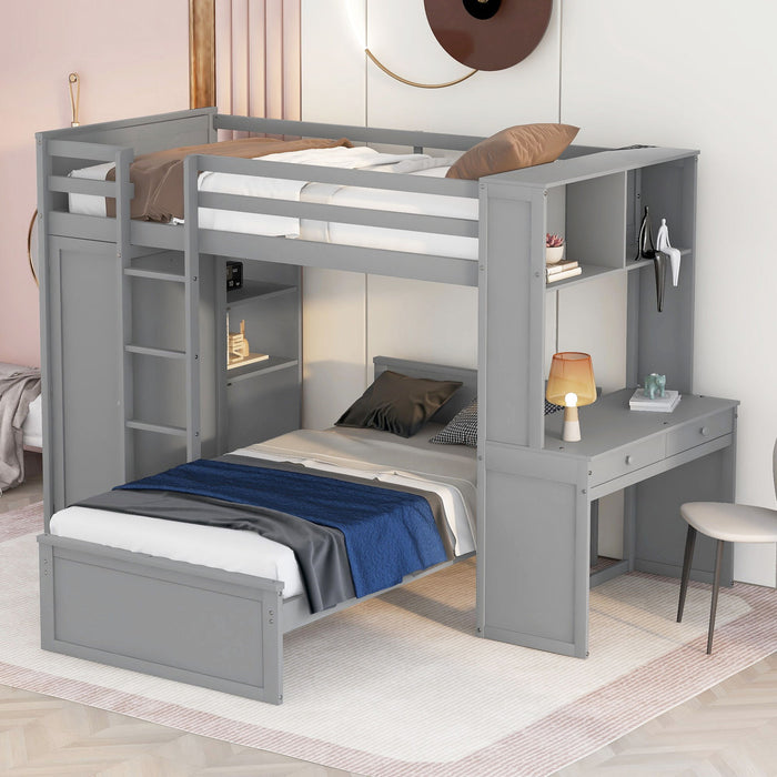 Twin Size Loft Bed With A Stand - Alone Bed, Shelves, Desk, And Wardrobe - Gray