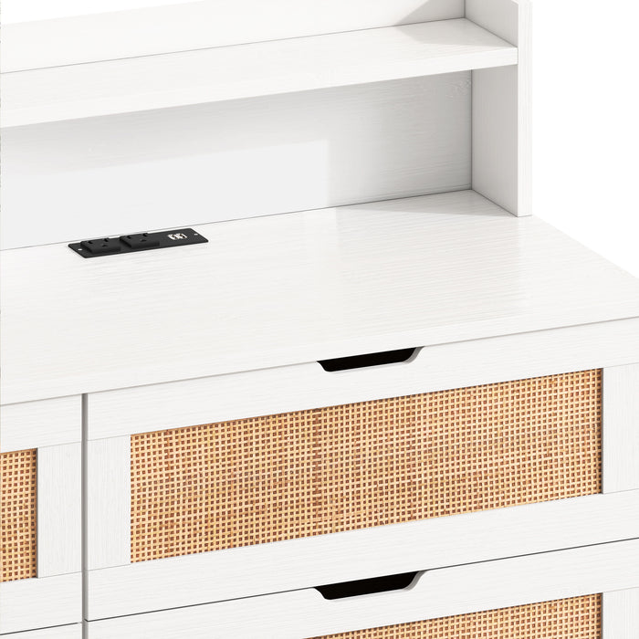 6-Drawers Rattan Storage Cabinet Rattan Drawer With LED Lights And Power Outlet, For Bedroom, Living Room, White