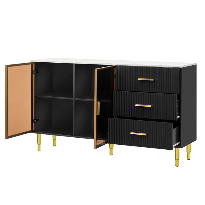 Trexm Modern Sideboard Mdf Buffet Cabinet Marble Sticker Tabletop And Amber-Yellow Tempered Glass Doors With Gold Metal Legs & Handles (Black)
