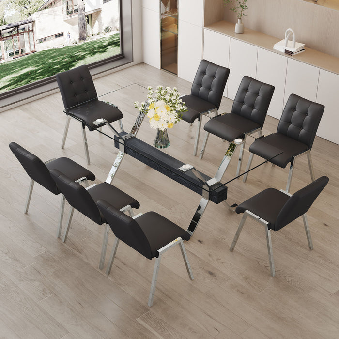 Table And Chair Set, Suitable For Home And Office Use Glass Desktop With Silver Metal Legs And MDF Crossbar, Paired With Black Checkered Armless High Back Dining Chairs (1 Table And 8 Chairs)
