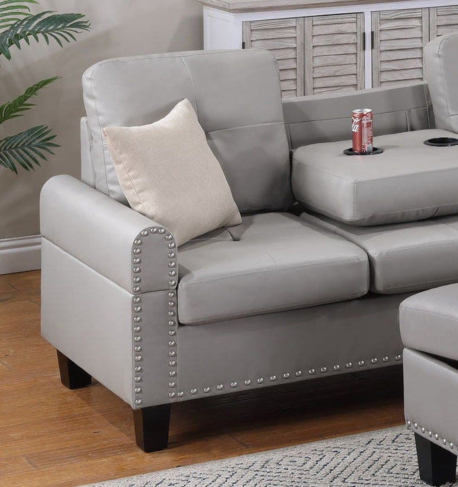 Grey Faux Leather Living Room Furniture 3 Pieces Sectional Sofa Set LAF Sofa RAF Chaise And Storage Ottoman Cup Holder Couch