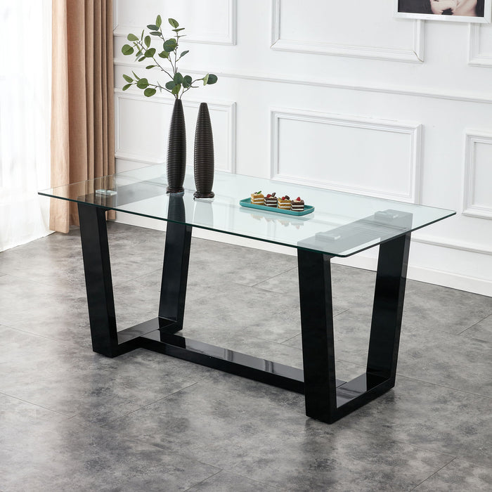Glass Dining Table Large Modern Minimalist Rectangular For 6-8 With 0.4" Tempered Glass TableTop And Black MDFtrapezoid Bracket, For Kitchen Dining Living Meeting Room Banquet Hall
