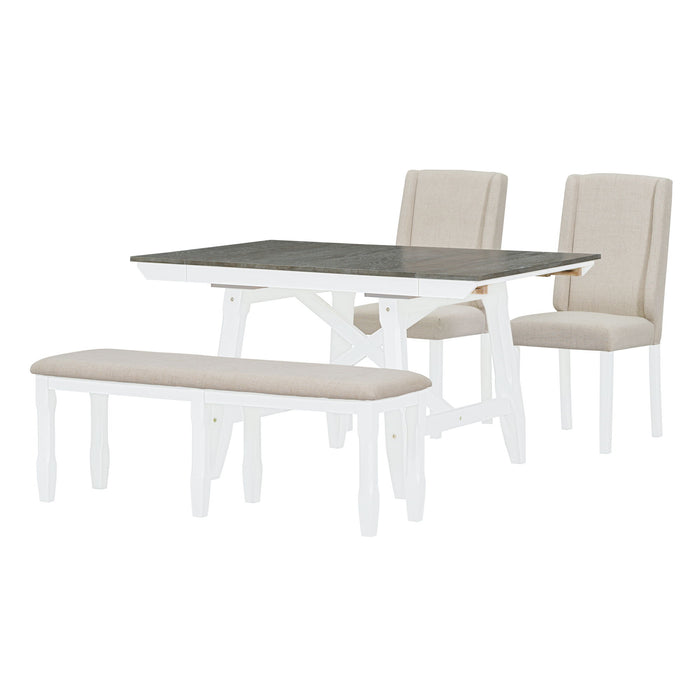 Trexm 6 Piece Classic Dining Table Set, Rectangular Extendable Dining Table With Two Removable Leaves And 4 Upholstered Chairs & 1 Bench For Dining Room (Brown / White)