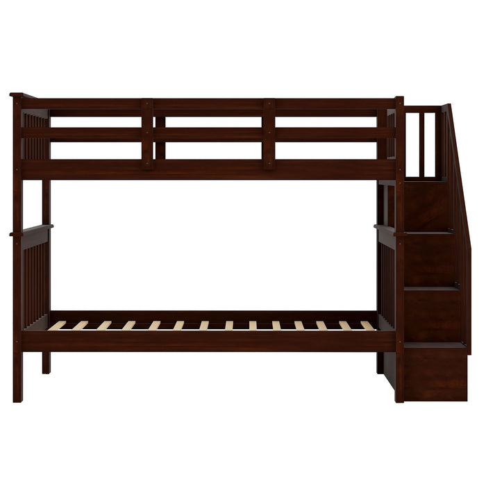 Stairway Twin Over Twin Bunk Bed With Storage And Guard Rail For Bedroom, Dorm, Espresso Color