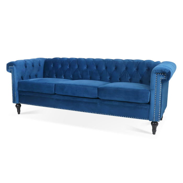 83.66" Width Traditional Square Arm Removable Cushion 3 Seater Sofa - Blue