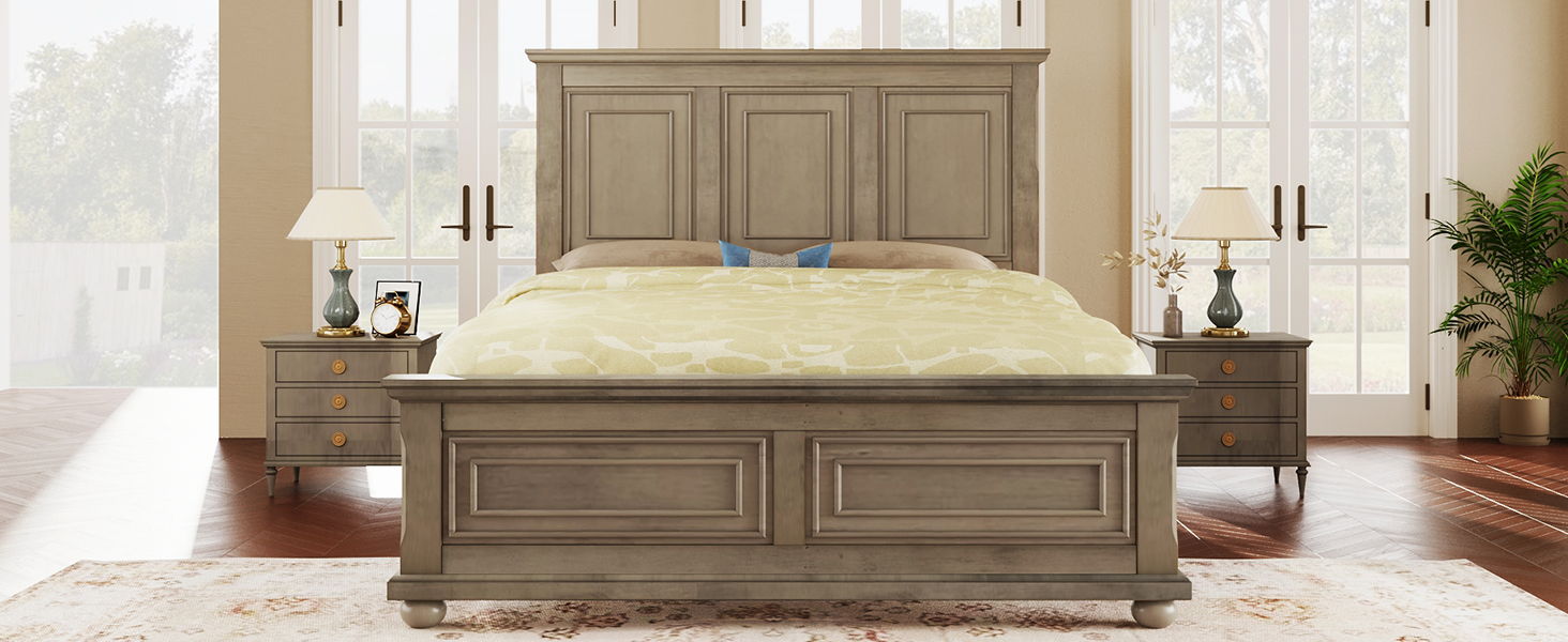 Traditional Town And Country Style Pinewood Vintage Full Bed, Stone